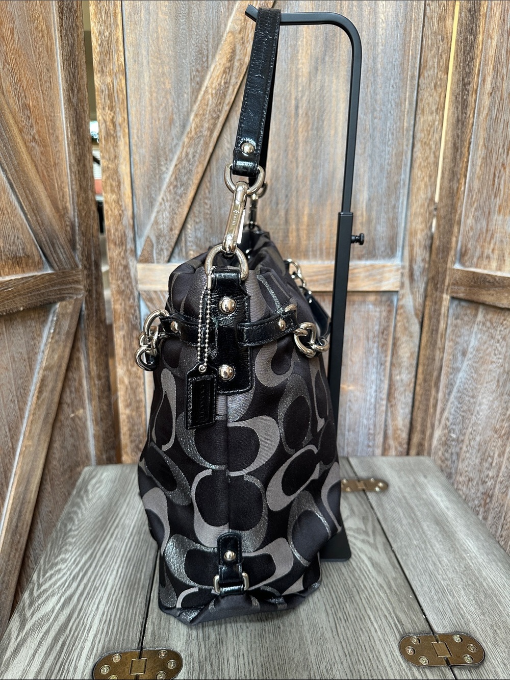 Coach Brooke Signature C Black & Metallic Silver Canvas Shoulder Satchel Tote - Picture 2 of 16